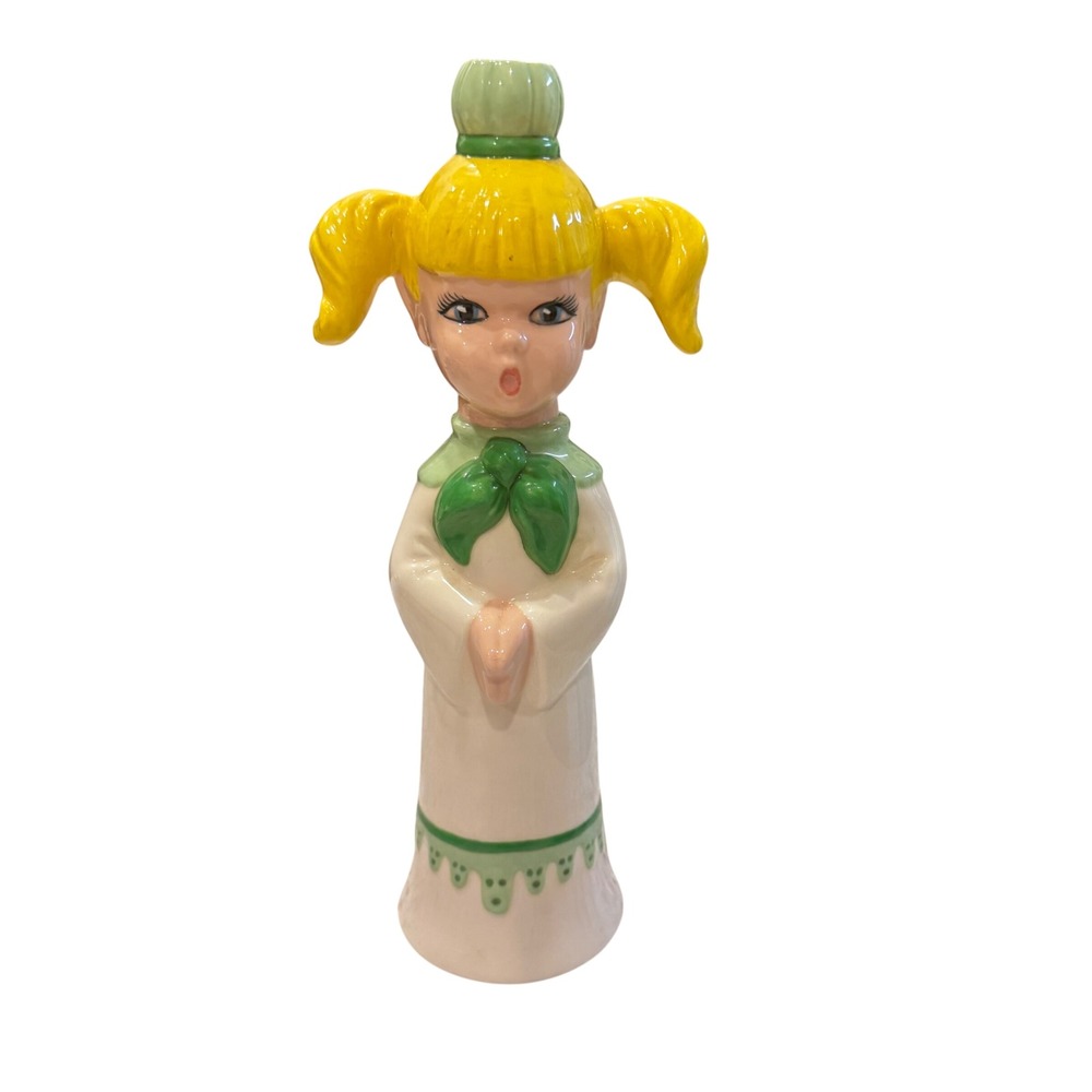 Vintage Ceramic Girl Candlestick Holder Blonde Pigtails‎ Green Bow Dress